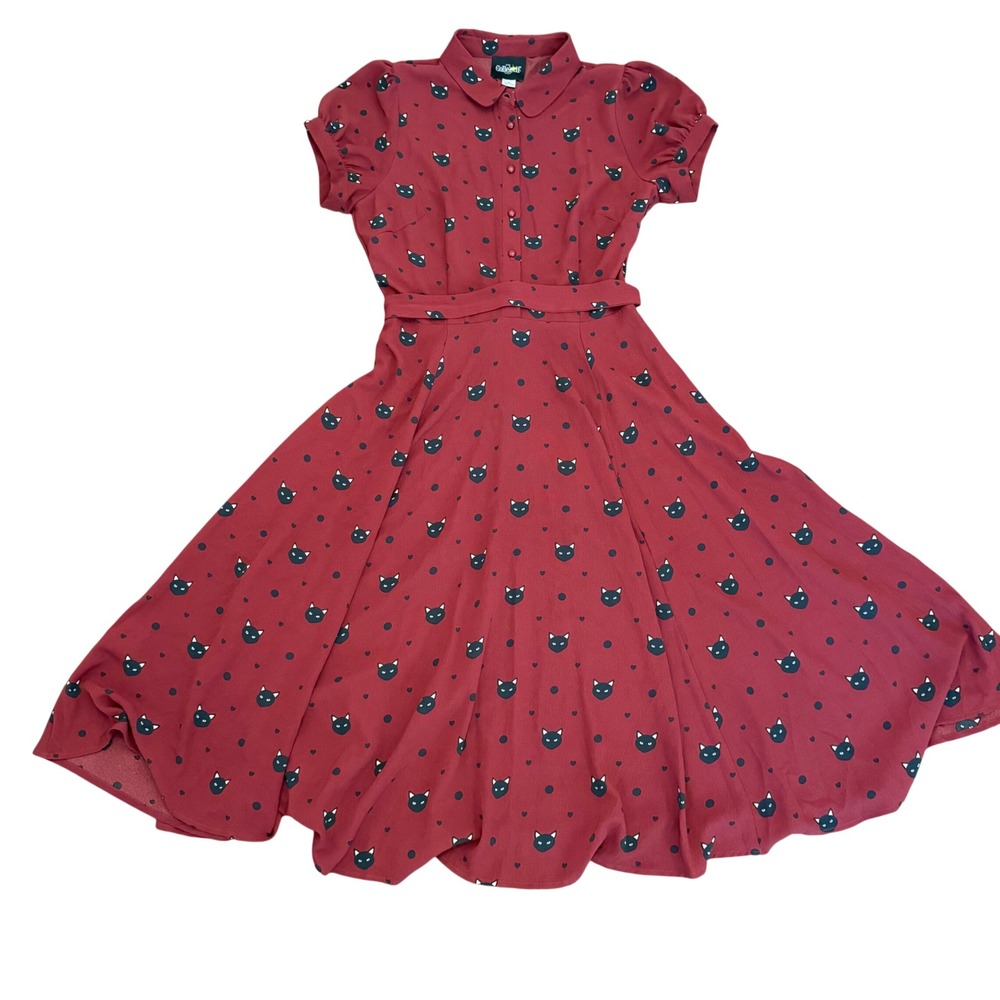 Collectif Miss Meow Midi Dress Burgundy Red Black Cat Polka Dot Retro Sz M UK12